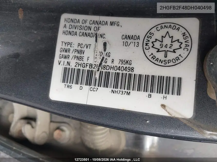 2013 HONDA CIVIC VIN 2HGFB2F48DH040498 — фото 9