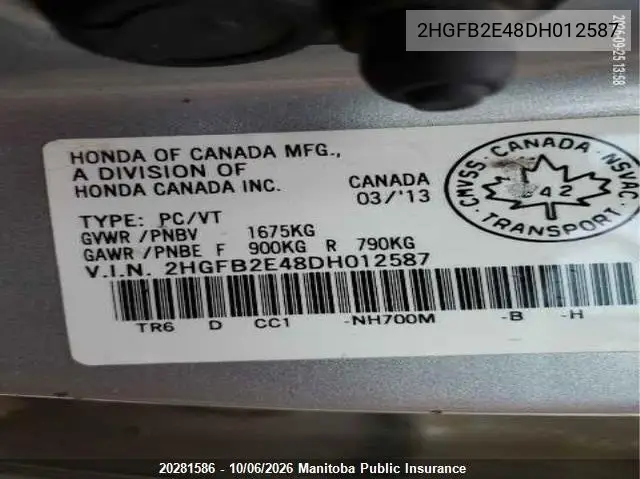 2013 HONDA CIVIC VIN 2HGFB2E48DH012587 — фото 9