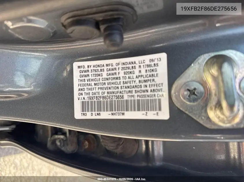 2013 HONDA CIVIC VIN 19XFB2F86DE275656 — фото 9