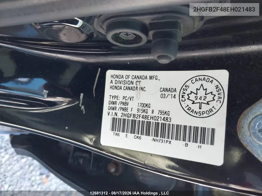 2014 HONDA CIVIC VIN 2HGFB2F48EH021483 — фото 17