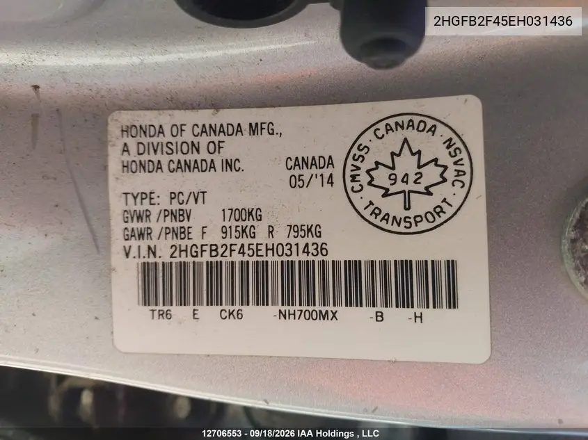 2014 HONDA CIVIC VIN 2HGFB2F45EH031436 — фото 22