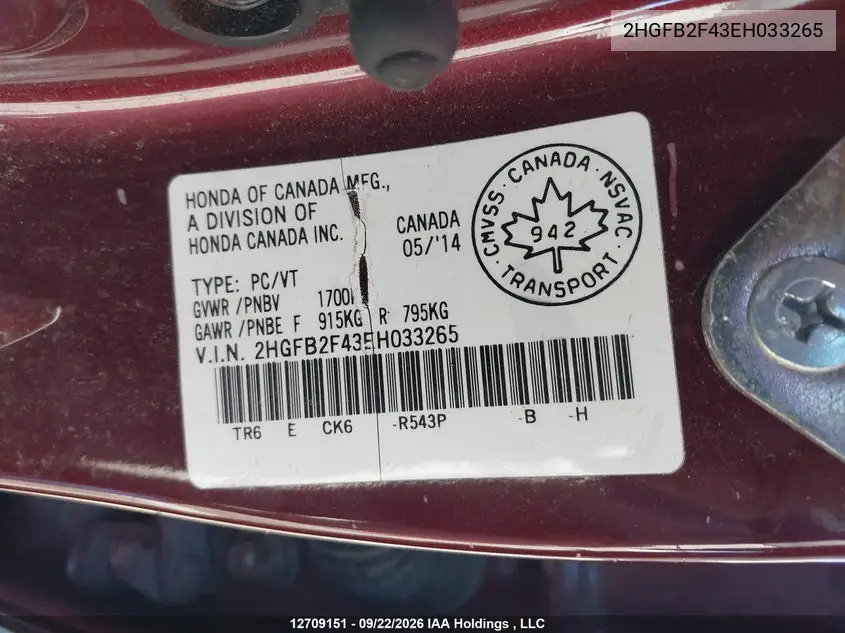 2014 HONDA CIVIC VIN 2HGFB2F43EH033265 — фото 9