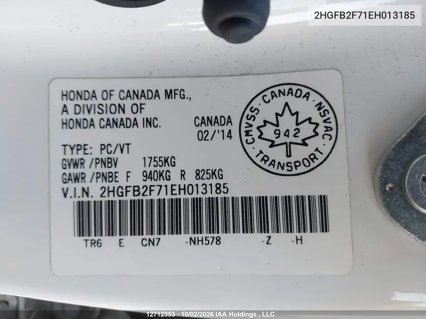 2014 HONDA CIVIC VIN 2HGFB2F71EH013185 — фото 25