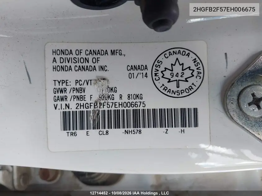 2014 HONDA CIVIC VIN 2HGFB2F57EH006675 — фото 9