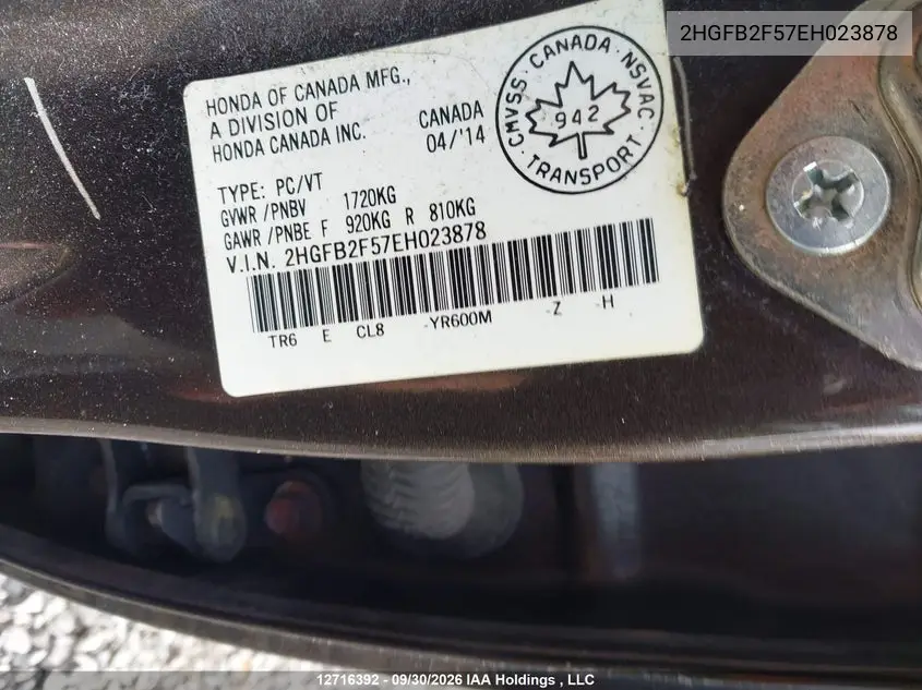 2014 HONDA CIVIC VIN 2HGFB2F57EH023878 — фото 9