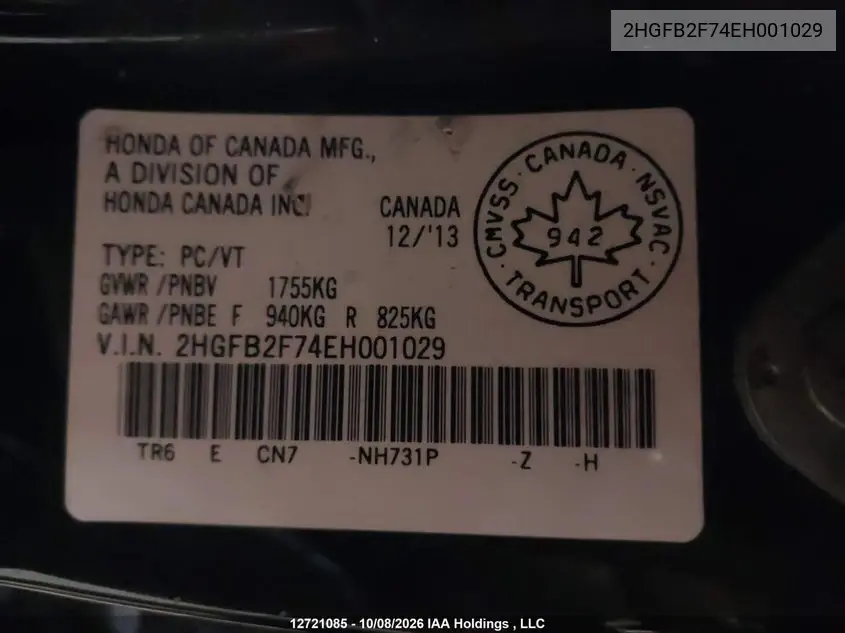 2014 HONDA CIVIC VIN 2HGFB2F74EH001029 — фото 19
