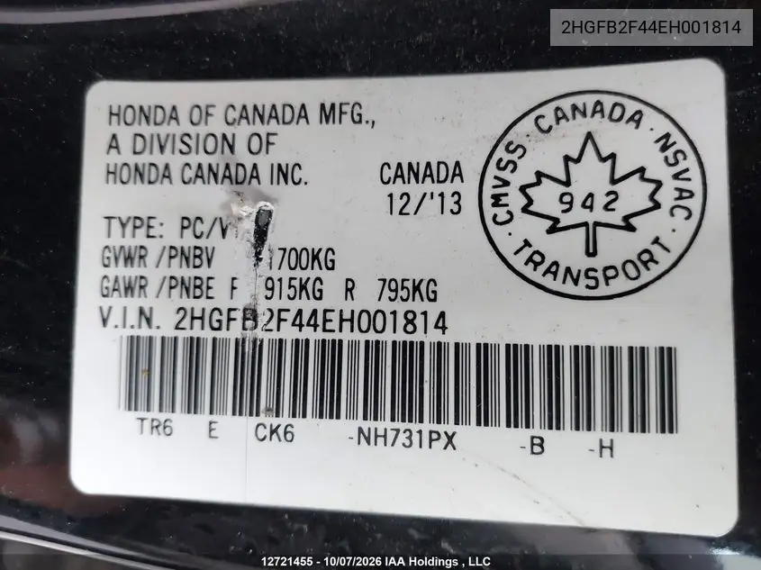 2014 HONDA CIVIC VIN 2HGFB2F44EH001814 — фото 18