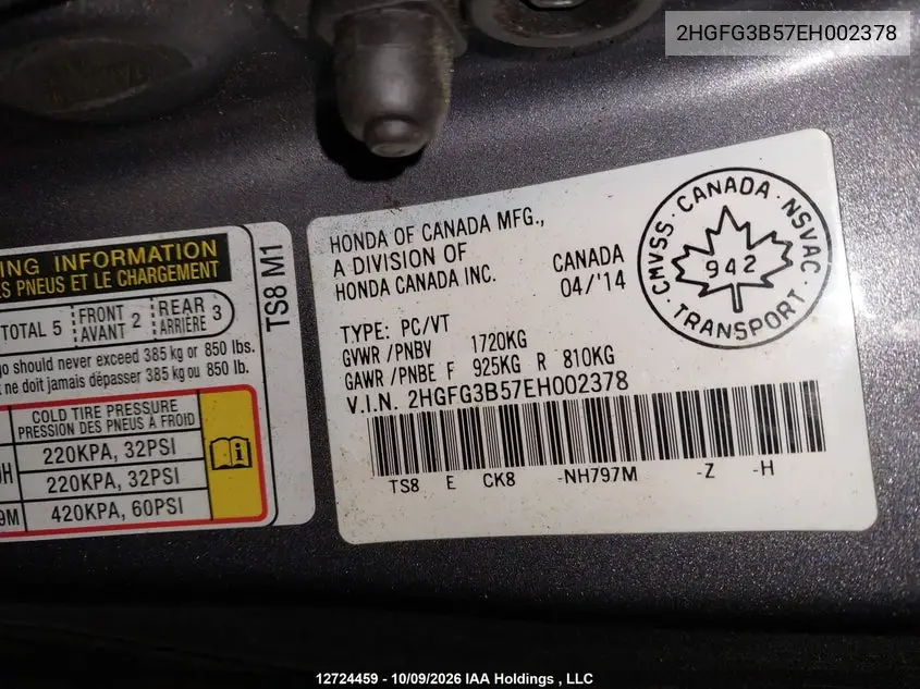 2014 HONDA CIVIC VIN 2HGFG3B57EH002378 — фото 19