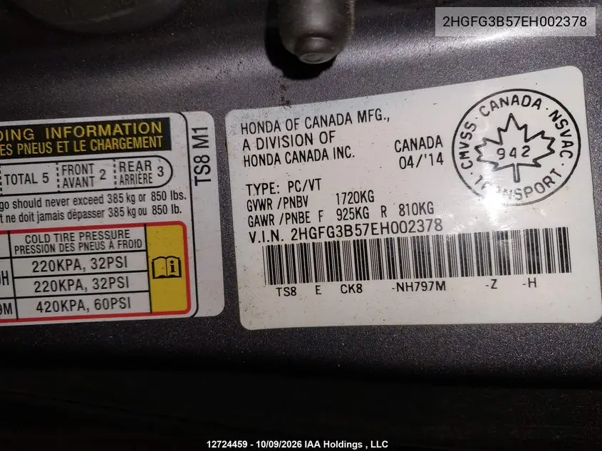 2014 HONDA CIVIC VIN 2HGFG3B57EH002378 — фото 9