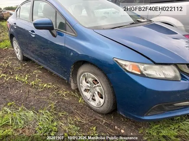 HONDA CIVIC 2014, VIN 2HGFB2F40EH022112