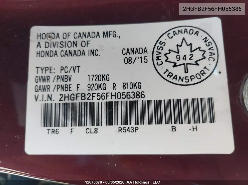 2015 HONDA CIVIC VIN 2HGFB2F56FH056386 — фото 19