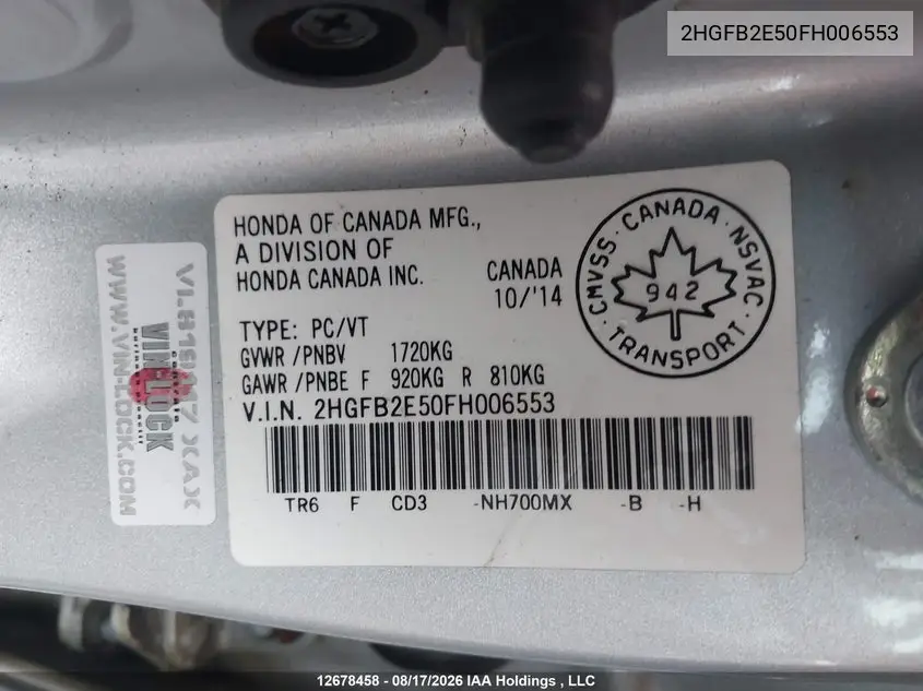 2015 HONDA CIVIC VIN 2HGFB2E50FH006553 — фото 17