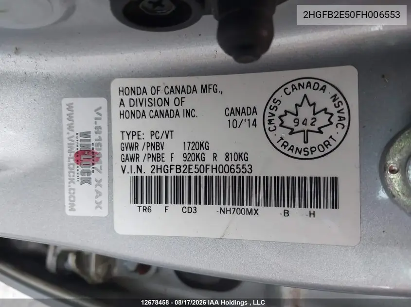 2015 HONDA CIVIC VIN 2HGFB2E50FH006553 — фото 9