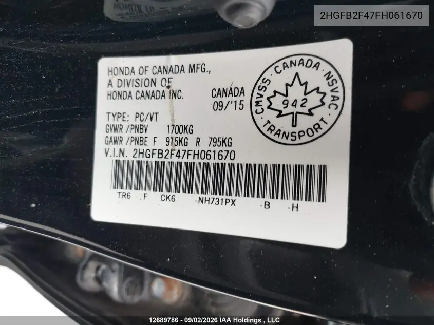 2015 HONDA CIVIC VIN 2HGFB2F47FH061670 — фото 9