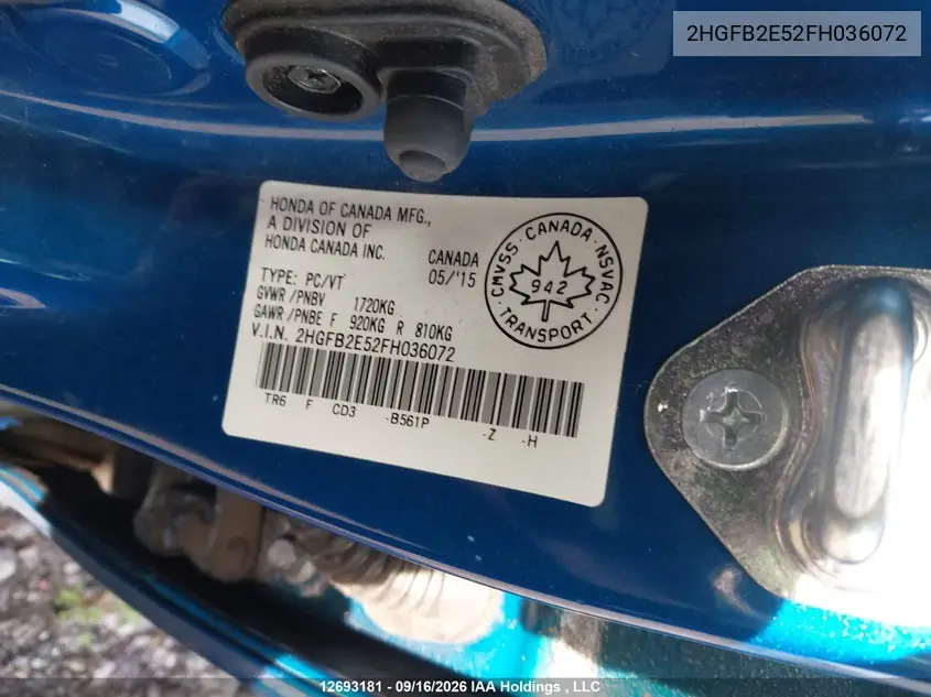 2015 HONDA CIVIC VIN 2HGFB2E52FH036072 — фото 18
