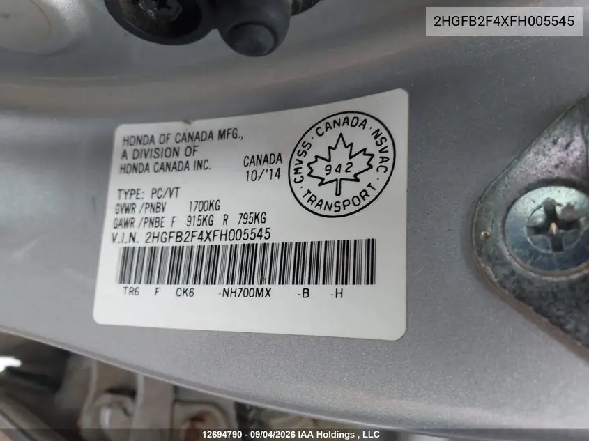 2015 HONDA CIVIC VIN 2HGFB2F4XFH005545 — фото 19