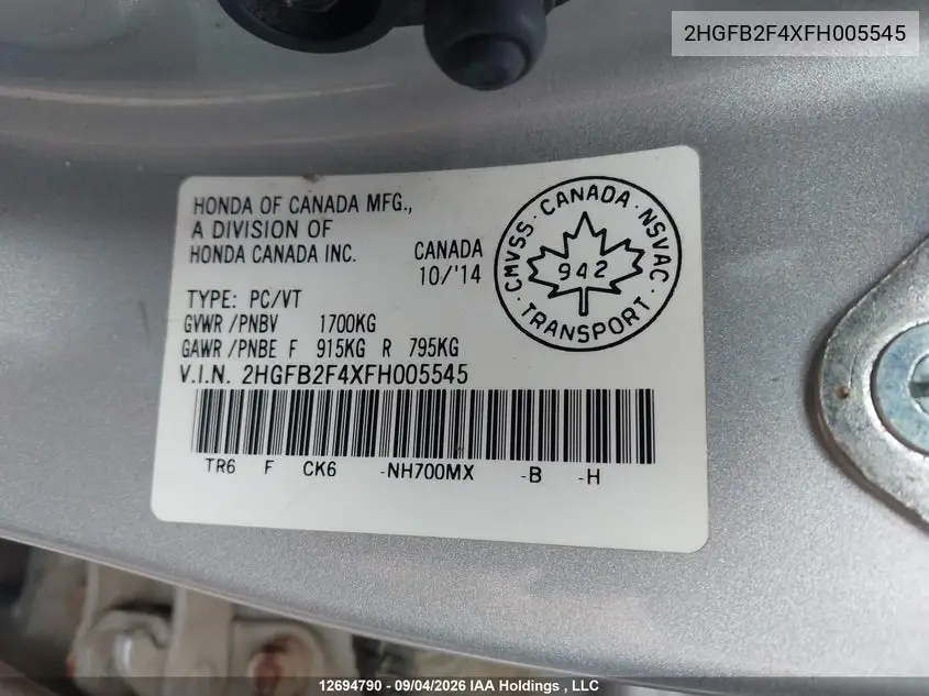2015 HONDA CIVIC VIN 2HGFB2F4XFH005545 — фото 9