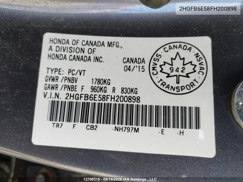 2015 HONDA CIVIC VIN 2HGFB6E58FH200898 — фото 9