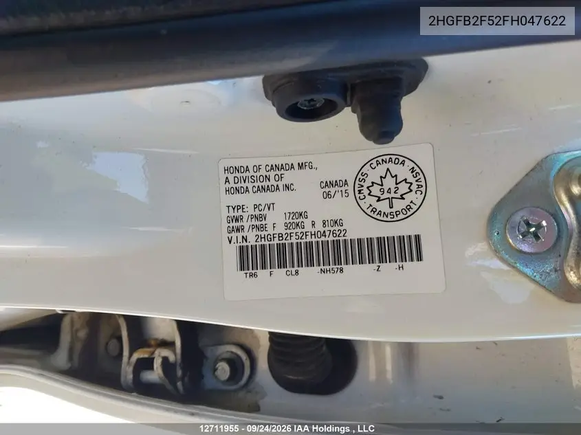 2015 HONDA CIVIC VIN 2HGFB2F52FH047622 — фото 9