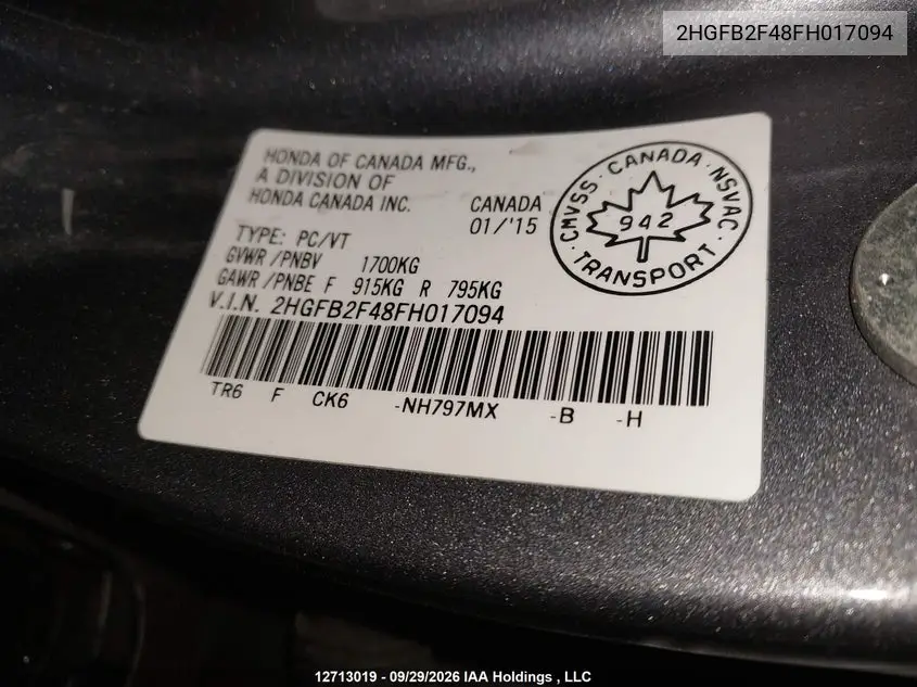 2015 HONDA CIVIC VIN 2HGFB2F48FH017094 — фото 19
