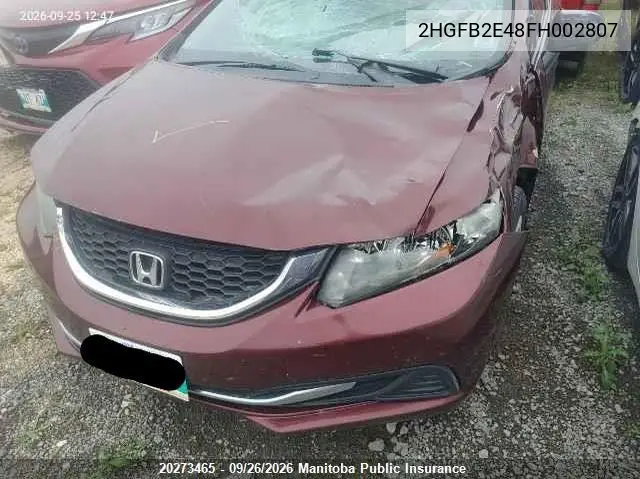2015 HONDA CIVIC VIN 2HGFB2E48FH002807 — фото 10