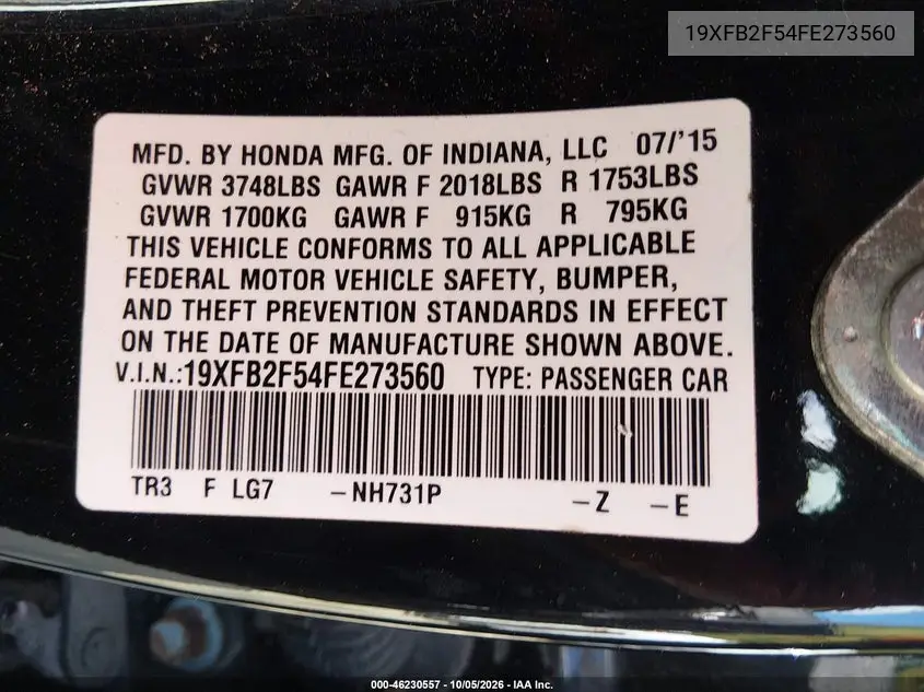 2015 HONDA CIVIC VIN 19XFB2F54FE273560 — фото 9