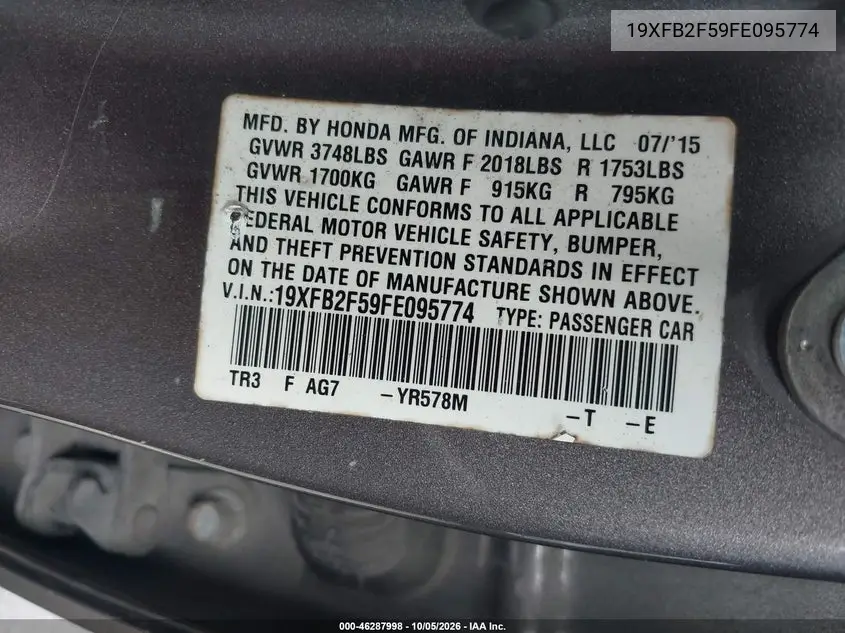 2015 HONDA CIVIC VIN 19XFB2F59FE095774 — фото 9