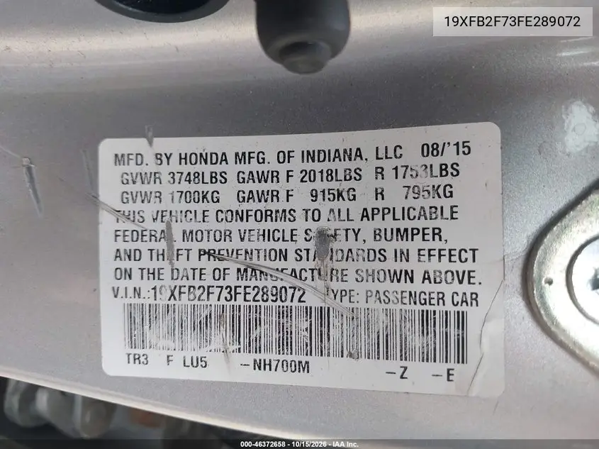 2015 HONDA CIVIC VIN 19XFB2F73FE289072 — фото 9