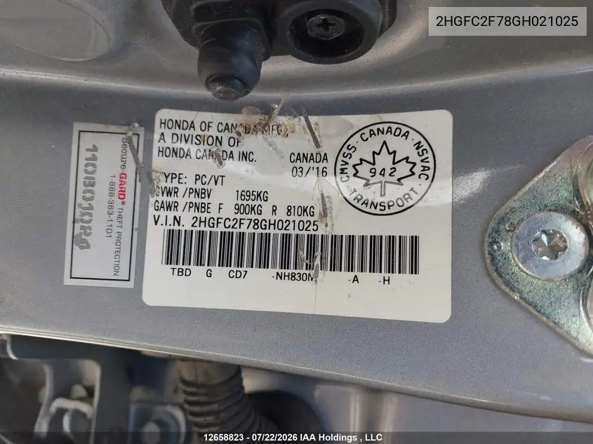 2016 HONDA CIVIC VIN 2HGFC2F78GH021025 — фото 9