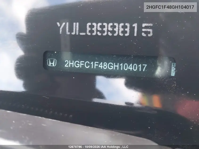 2016 HONDA CIVIC VIN 2HGFC1F48GH104017 — фото 20