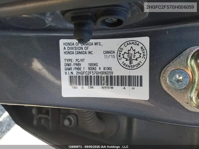 2016 HONDA CIVIC VIN 2HGFC2F57GH006059 — фото 18