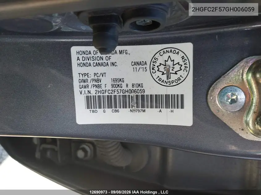 2016 HONDA CIVIC VIN 2HGFC2F57GH006059 — фото 9