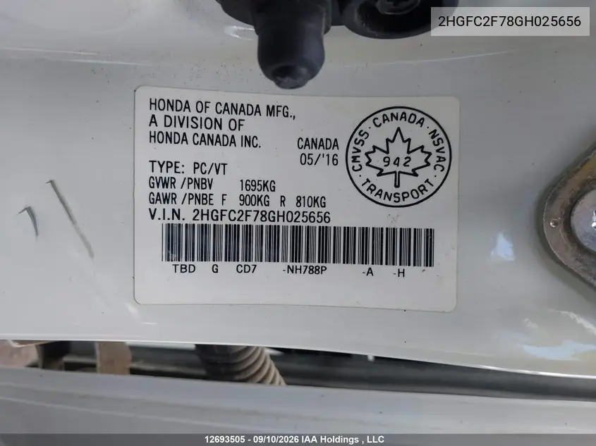 2016 HONDA CIVIC VIN 2HGFC2F78GH025656 — фото 20