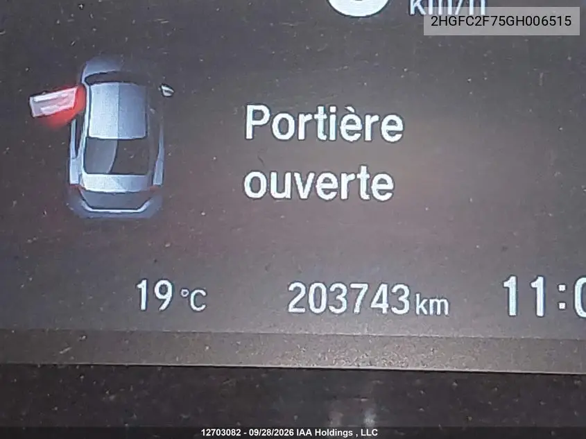 2016 HONDA CIVIC VIN 2HGFC2F75GH006515 — фото 15