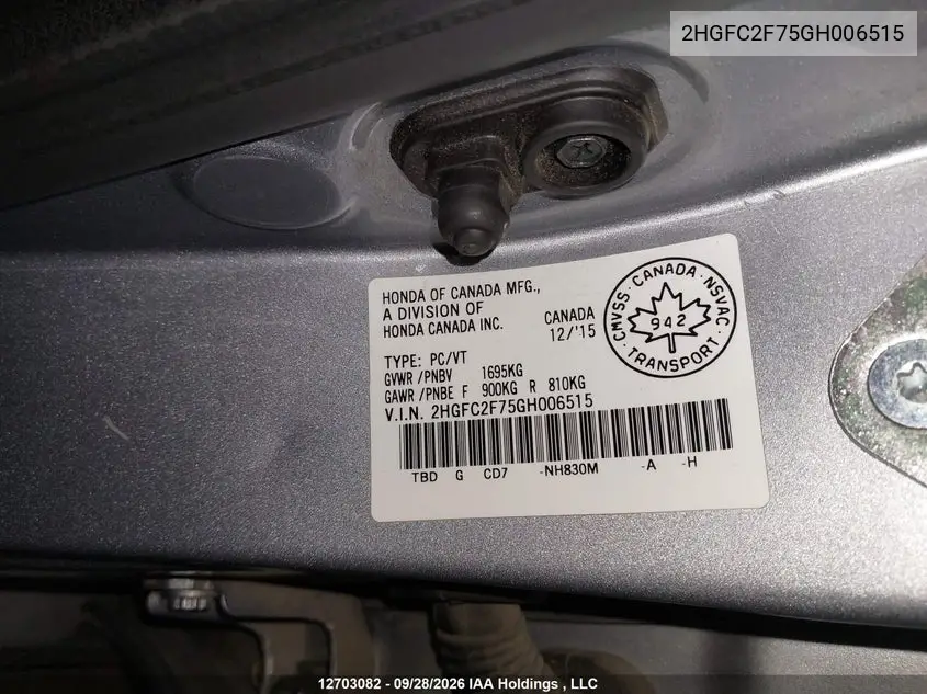 2016 HONDA CIVIC VIN 2HGFC2F75GH006515 — фото 9