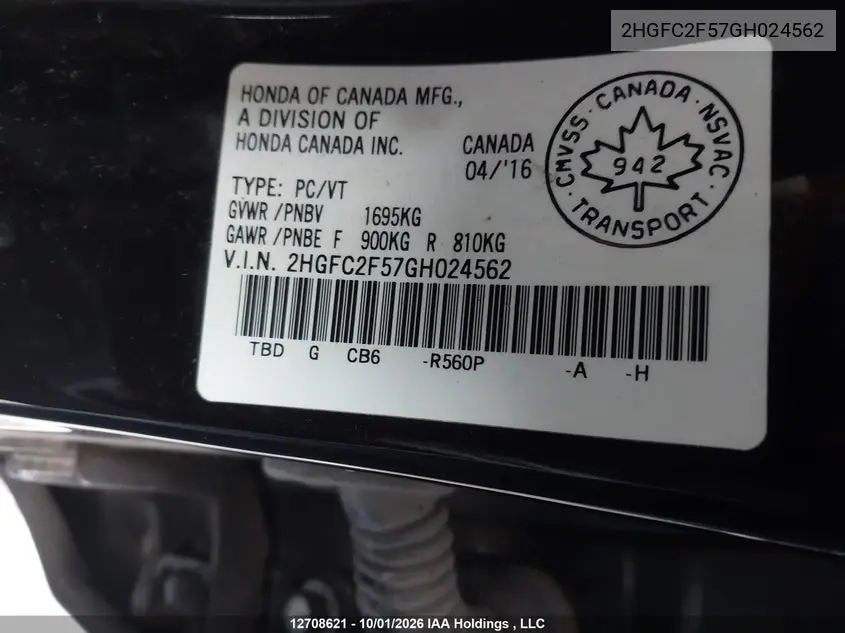 2016 HONDA CIVIC VIN 2HGFC2F57GH024562 — фото 17