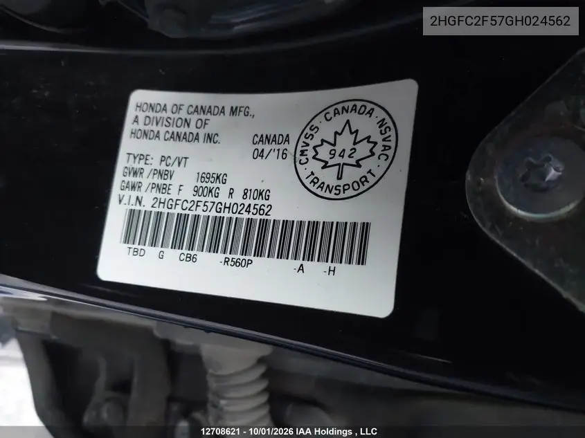 2016 HONDA CIVIC VIN 2HGFC2F57GH024562 — фото 9
