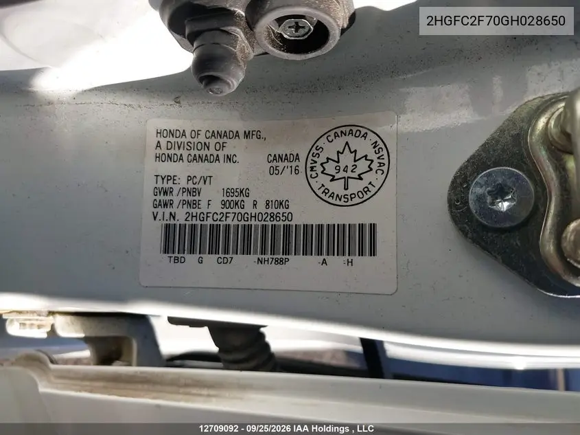 2016 HONDA CIVIC VIN 2HGFC2F70GH028650 — фото 18