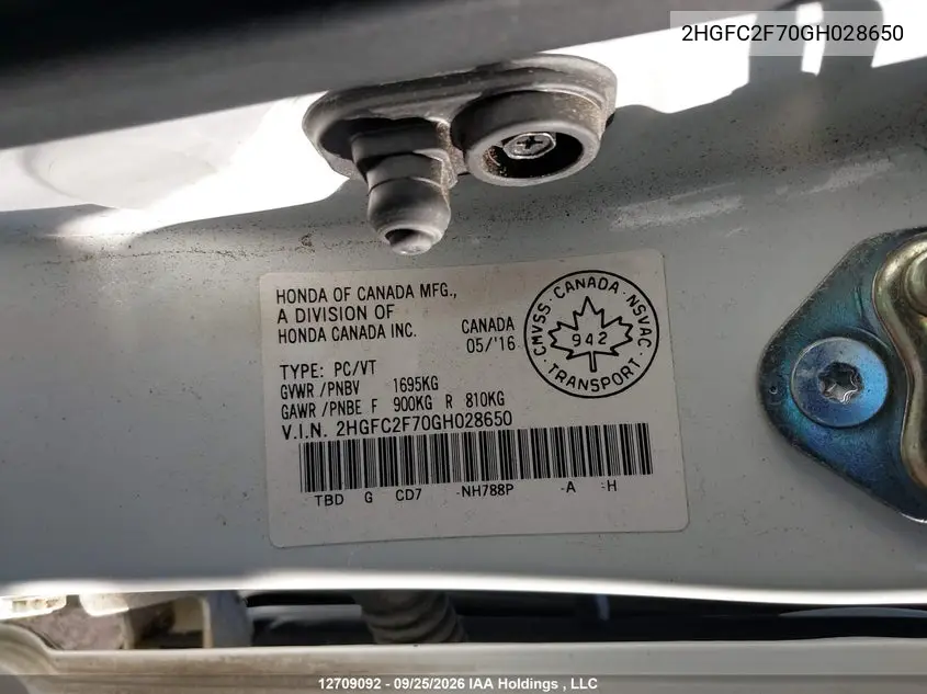2016 HONDA CIVIC VIN 2HGFC2F70GH028650 — фото 9