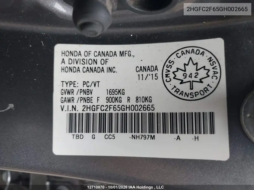 2016 HONDA CIVIC VIN 2HGFC2F65GH002665 — фото 9