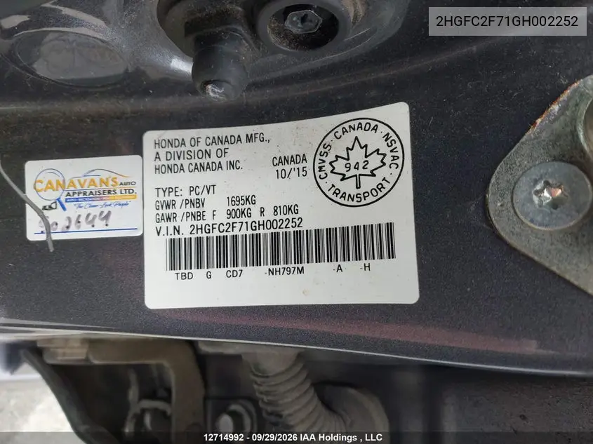 2016 HONDA CIVIC VIN 2HGFC2F71GH002252 — фото 18