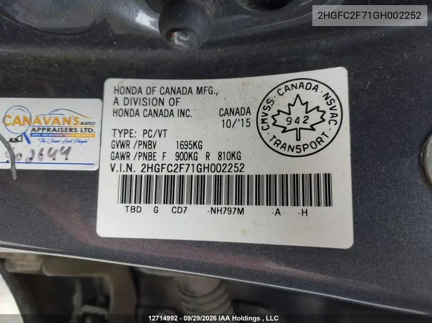 2016 HONDA CIVIC VIN 2HGFC2F71GH002252 — фото 9
