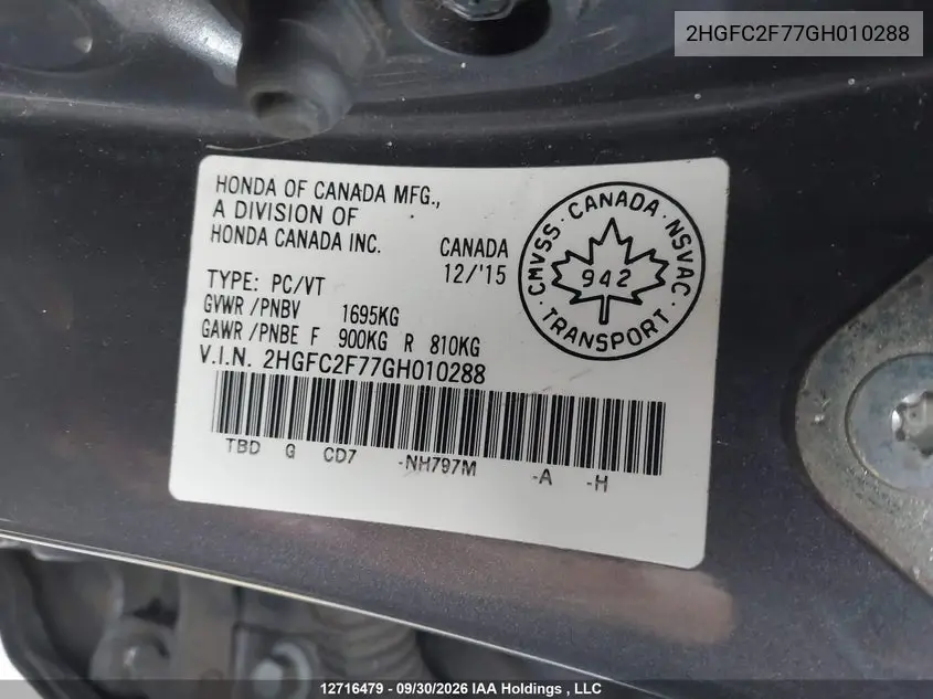 2016 HONDA CIVIC VIN 2HGFC2F77GH010288 — фото 18