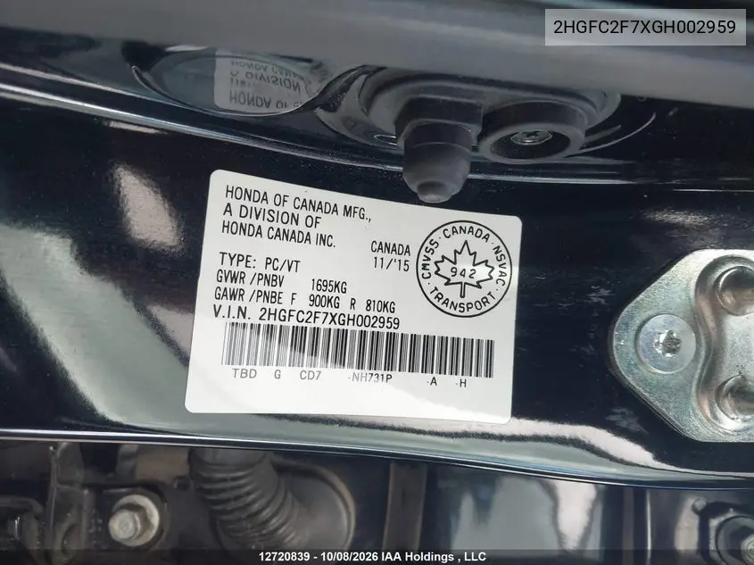 2016 HONDA CIVIC VIN 2HGFC2F7XGH002959 — фото 19