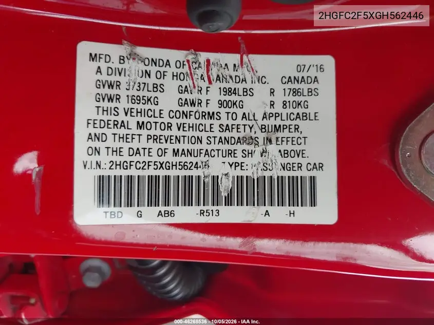 2016 HONDA CIVIC VIN 2HGFC2F5XGH562446 — фото 9