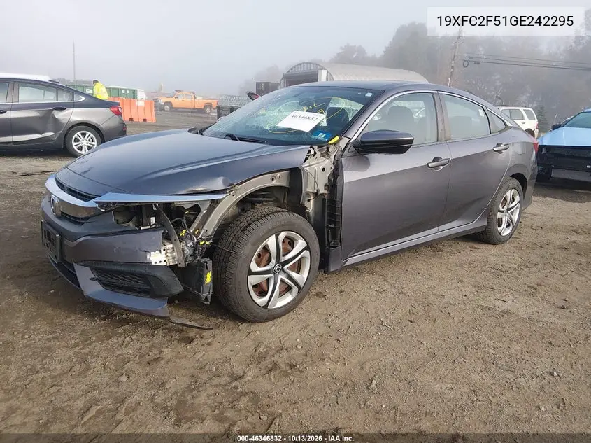 2016 HONDA CIVIC VIN 19XFC2F51GE242295 — фото 2