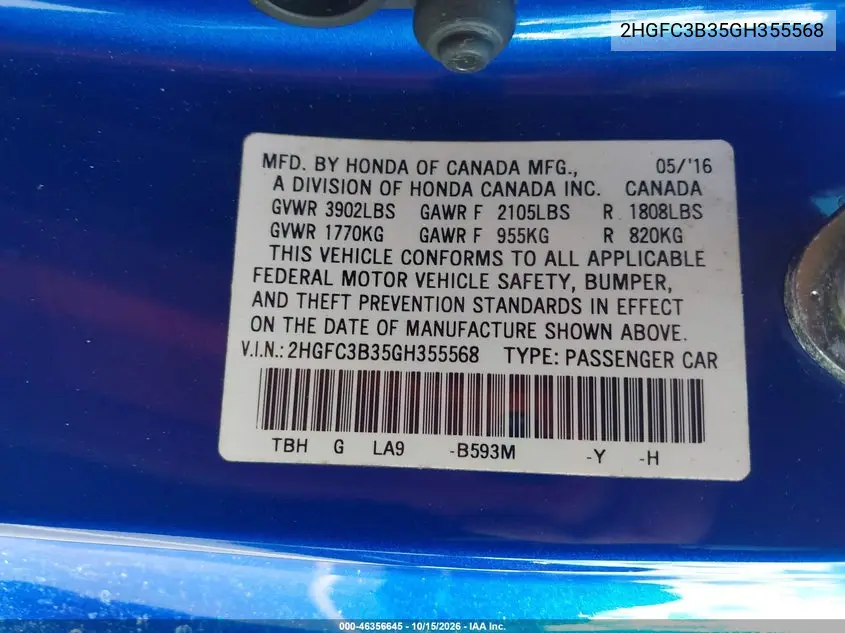 2016 HONDA CIVIC VIN 2HGFC3B35GH355568 — фото 9