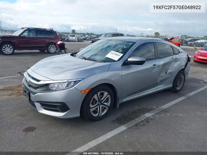 2016 HONDA CIVIC VIN 19XFC2F57GE048922 — фото 2