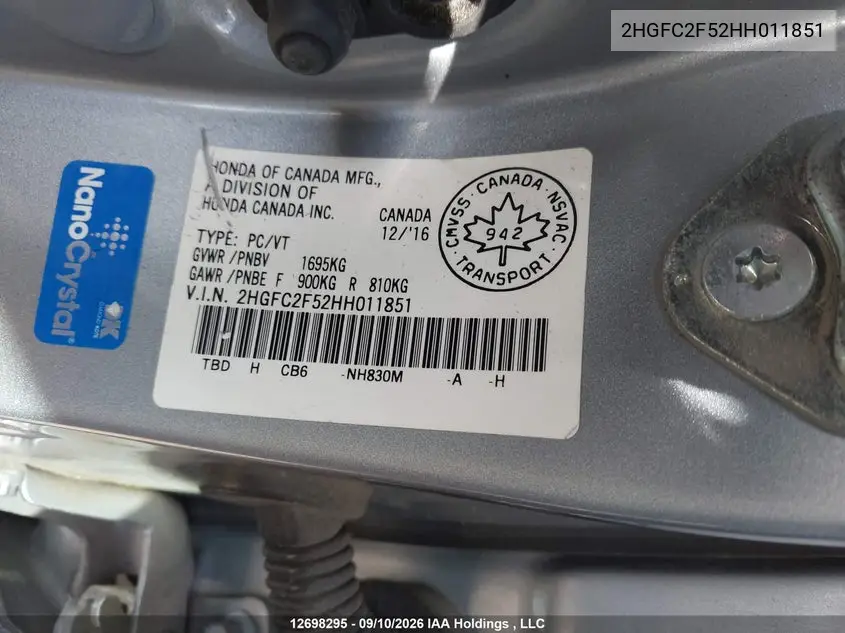 2017 HONDA CIVIC VIN 2HGFC2F52HH011851 — фото 19