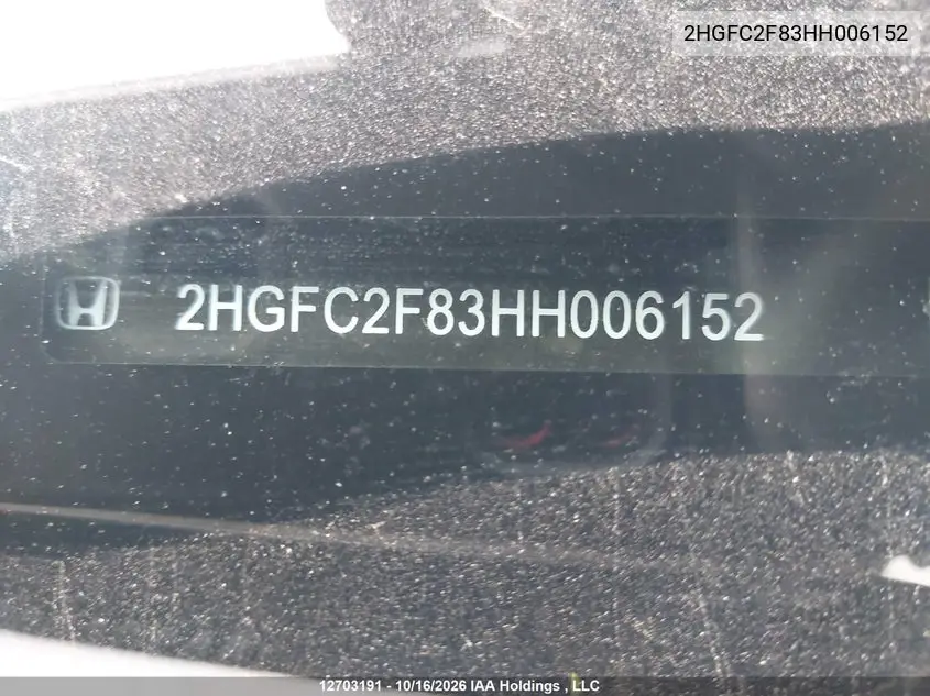 HONDA CIVIC 2017, VIN 2HGFC2F83HH006152
